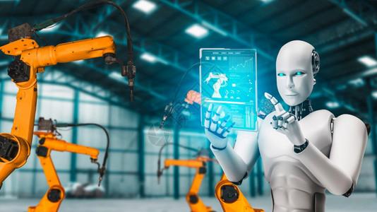 人工智能概念用于工厂生产装配的机械化工业器人和械臂半人实验室设计